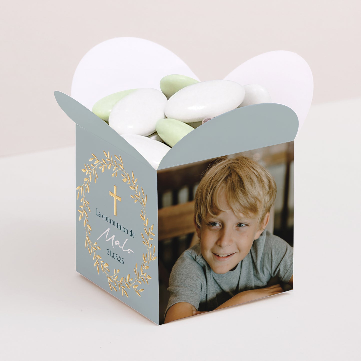 Boîte à dragées Communion Ouverture papillon Bénédiction Dorée bleue photo N° 1