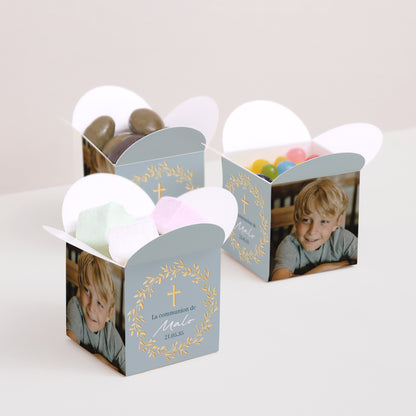 Boîte à dragées Communion Ouverture papillon Bénédiction Dorée bleue photo N° 3