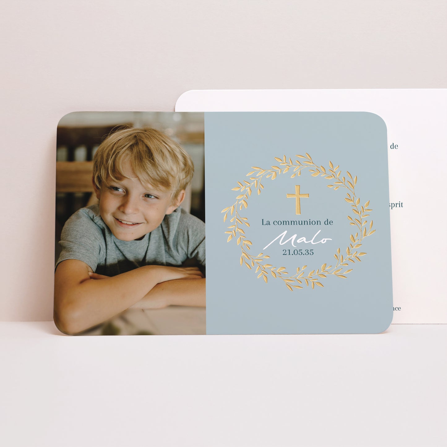 Faire-part Communion Paysage, bords arrondis Bénédiction Dorée bleue photo N° 1