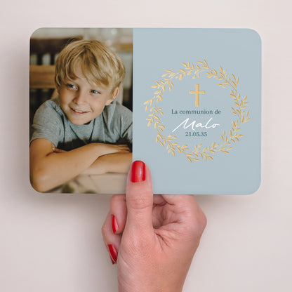 Faire-part Communion Paysage, bords arrondis Bénédiction Dorée bleue photo N° 2