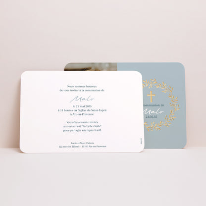 Faire-part Communion Paysage, bords arrondis Bénédiction Dorée bleue photo N° 3