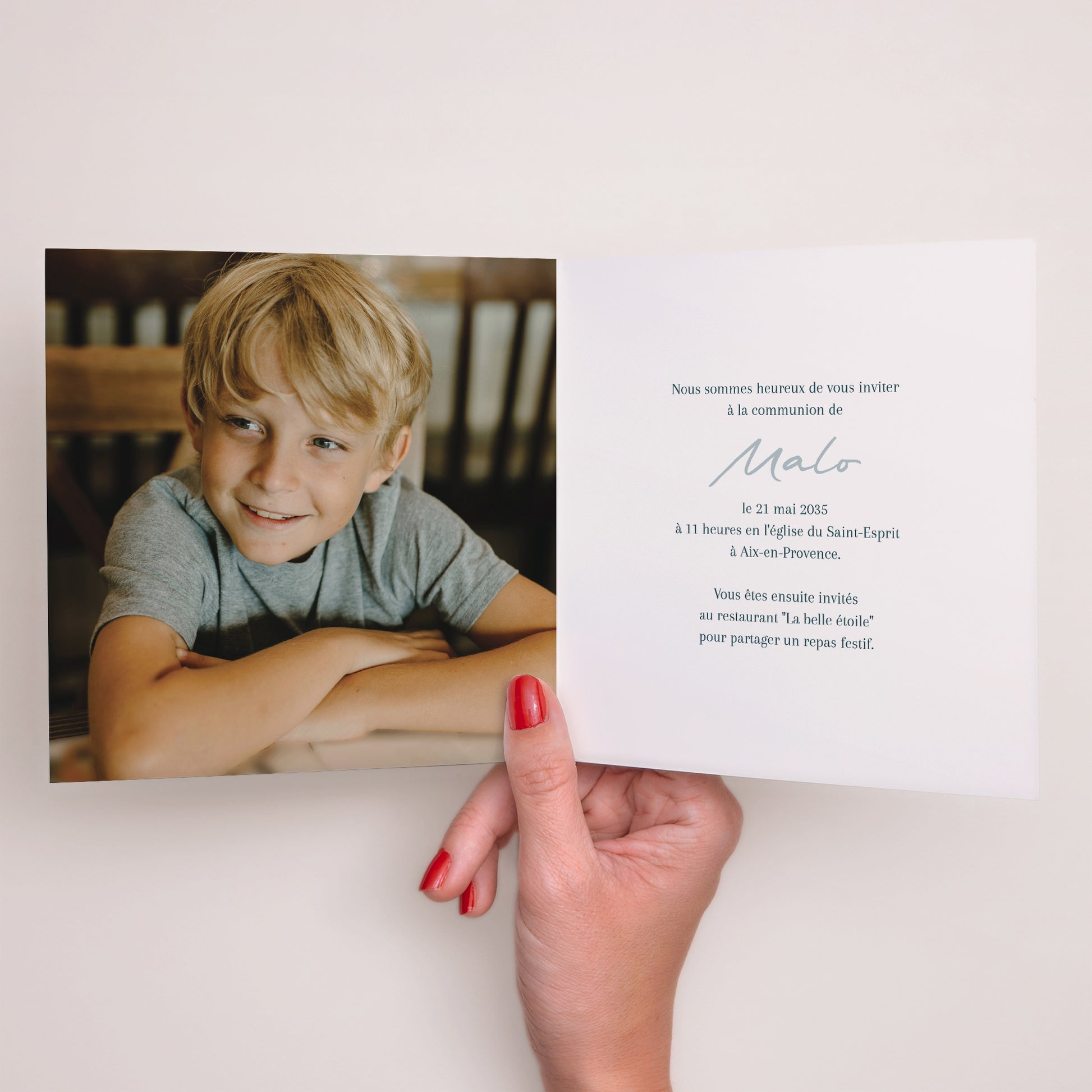 Faire-part Communion Carré double volet Bénédiction Dorée bleue photo N° 2