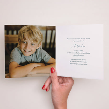 Faire-part Communion Carré double volet Bénédiction Dorée bleue photo N° 2