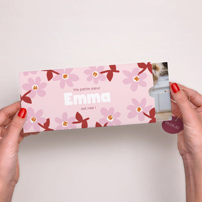 Faire-part Naissance Pochette 2 cartes, étiquette Pink Bloom photo N° 2