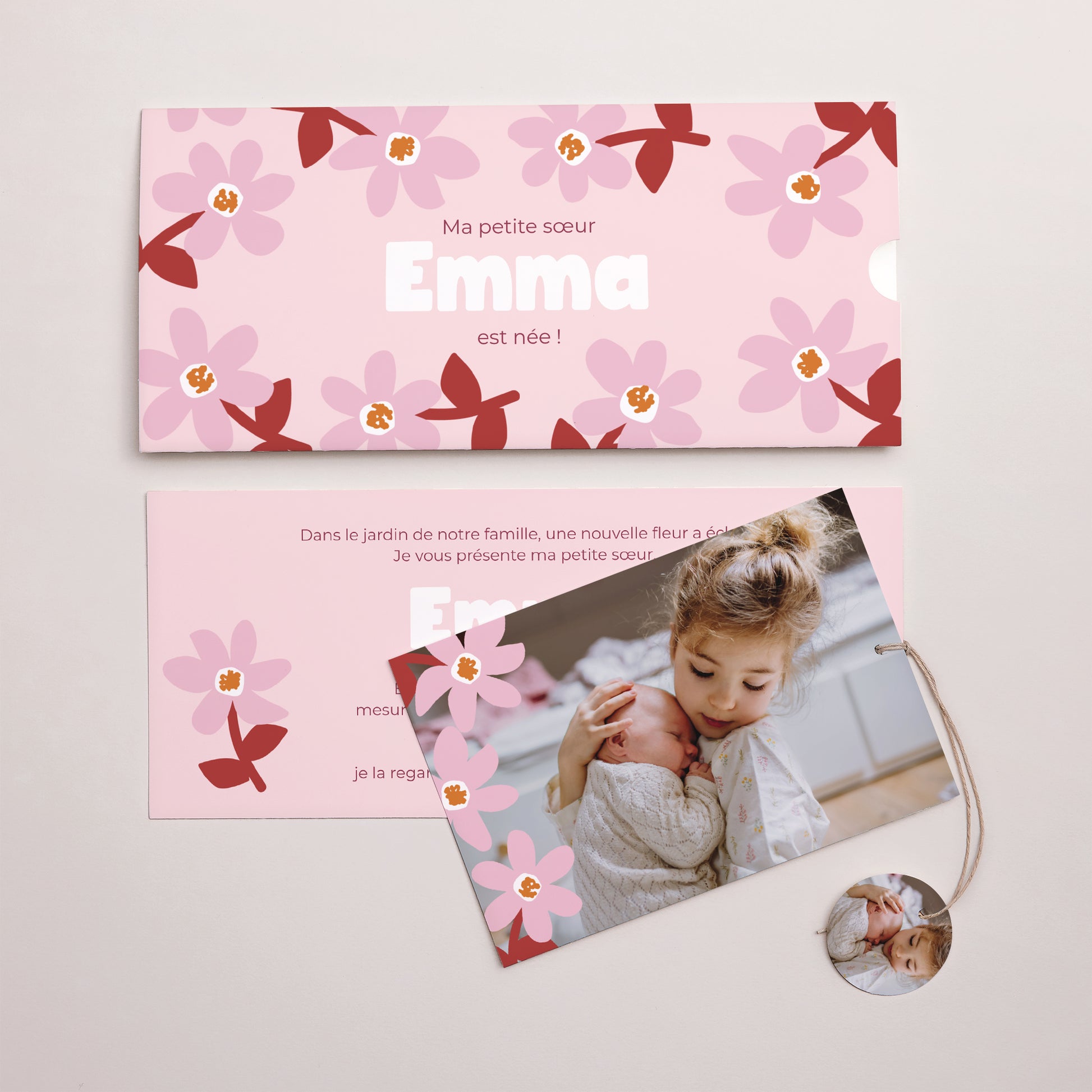 Faire-part Naissance Pochette 2 cartes, étiquette Pink Bloom photo N° 3