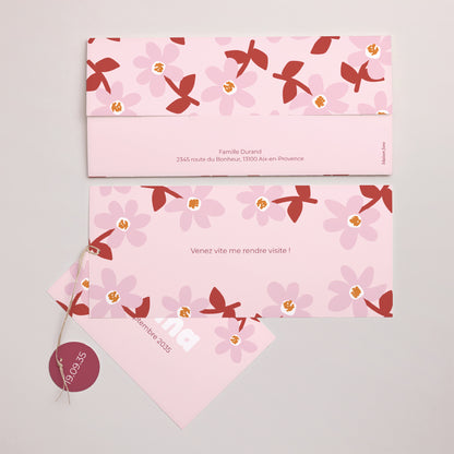 Faire-part Naissance Pochette 2 cartes, étiquette Pink Bloom photo N° 4