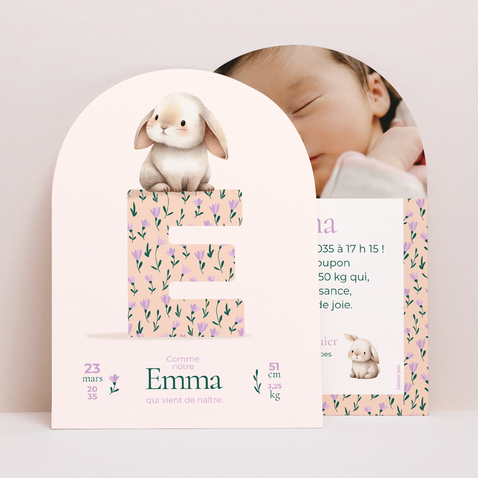 Faire-part Naissance Petite arche Lapin et monogramme fleuri photo N° 1