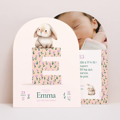 Faire-part Naissance Petite arche Lapin et monogramme fleuri photo N° 1