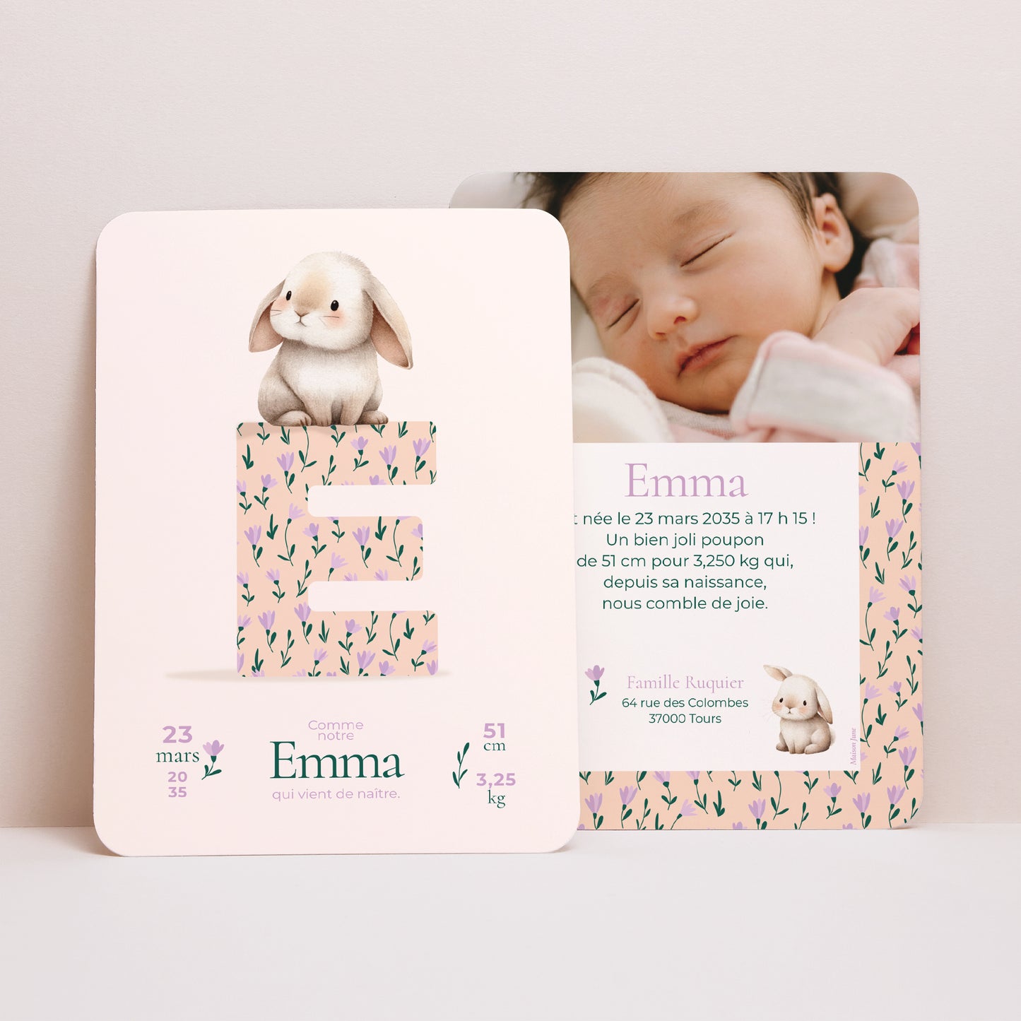 Faire-part Naissance Portrait, bords arrondis Lapin et monogramme fleuri photo N° 1
