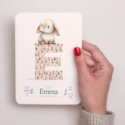 Faire-part Naissance Portrait, bords arrondis Lapin et monogramme fleuri photo N° 2