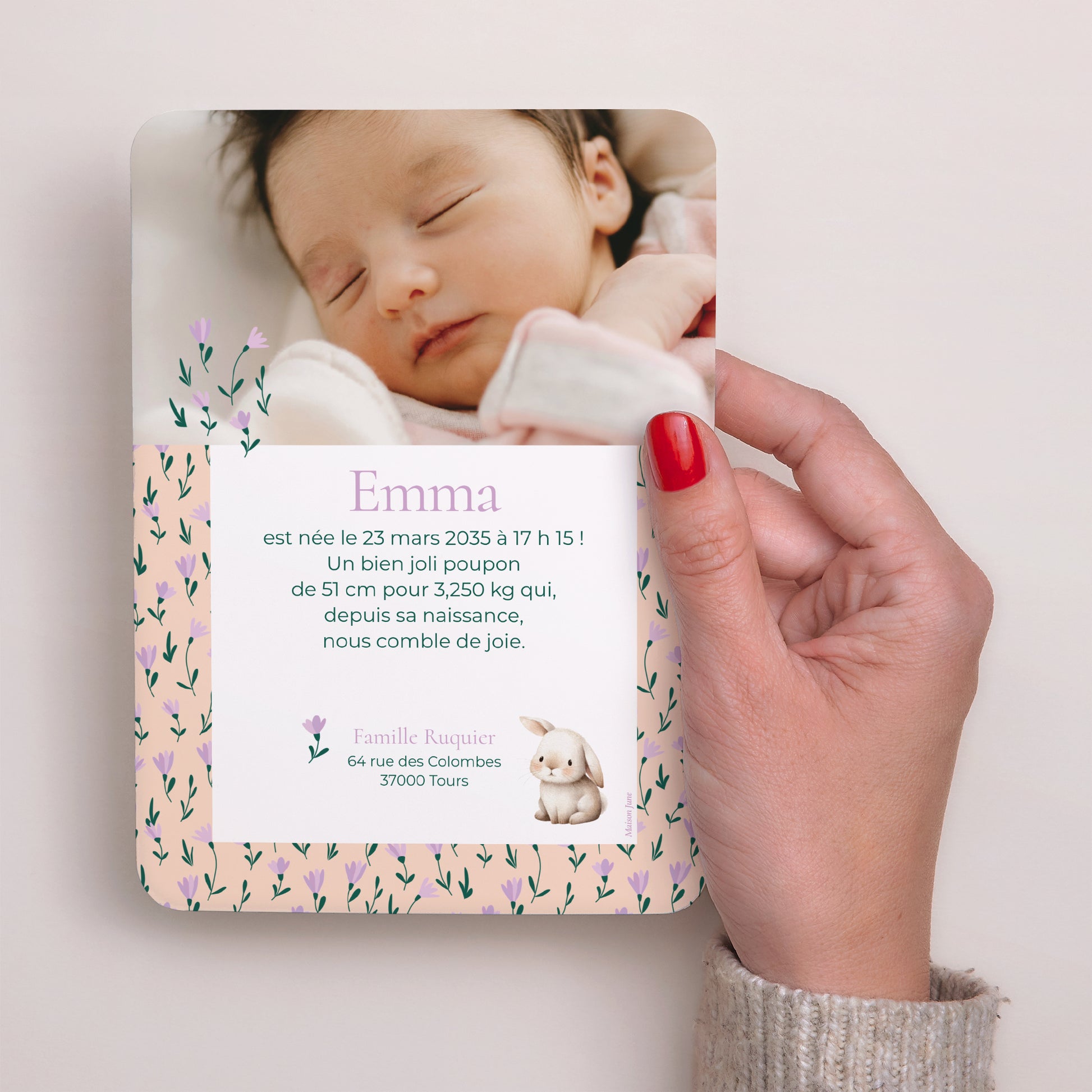 Faire-part Naissance Portrait, bords arrondis Lapin et monogramme fleuri photo N° 3