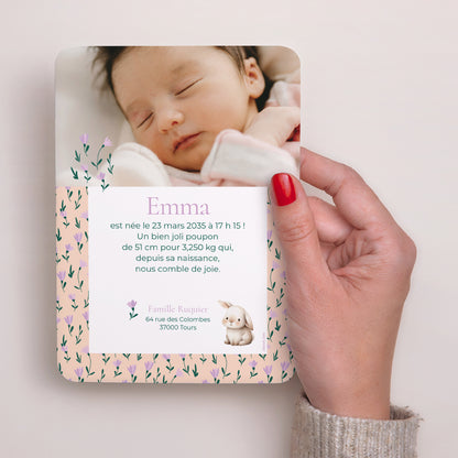 Faire-part Naissance Portrait, bords arrondis Lapin et monogramme fleuri photo N° 3