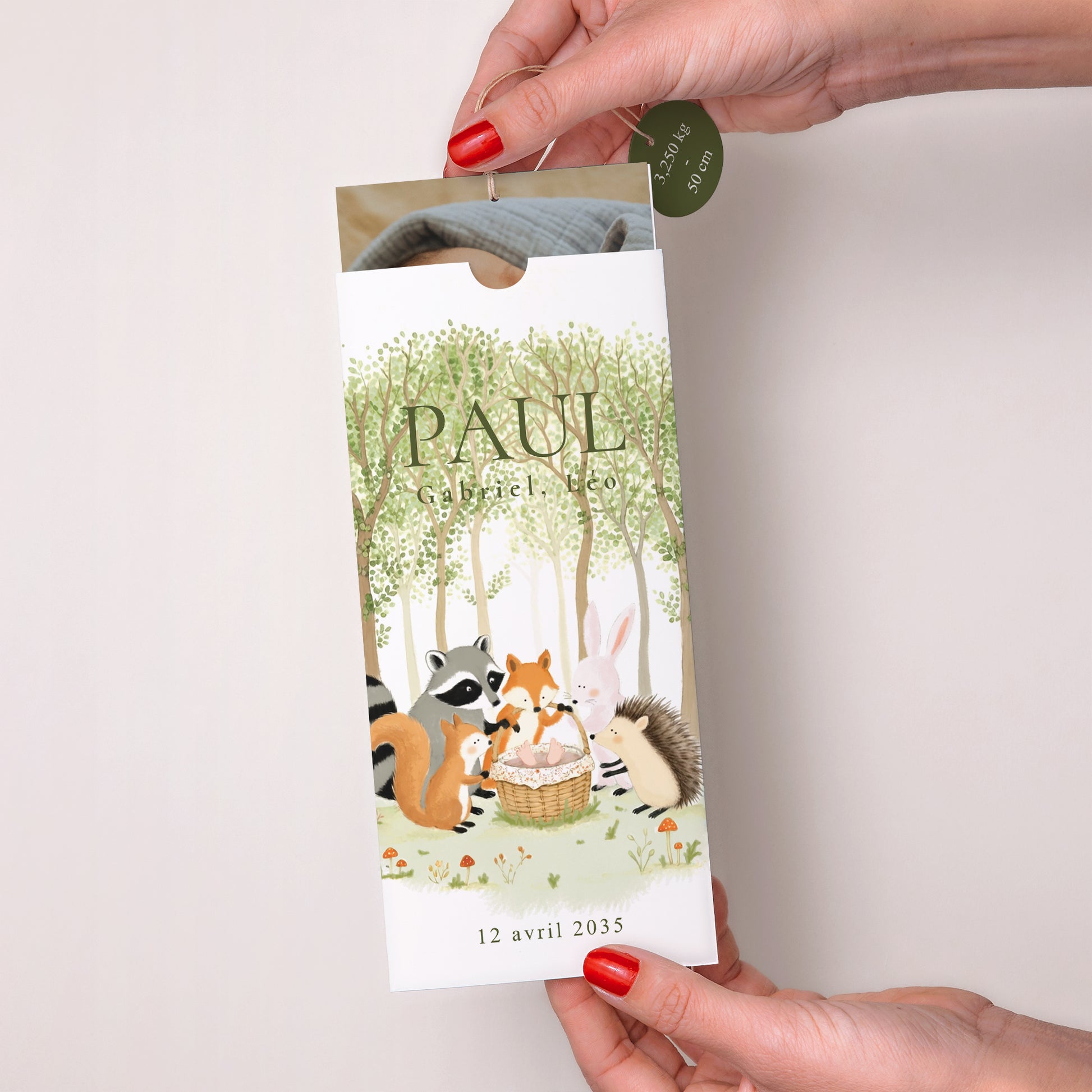 Faire-part Naissance Pochette portrait 2 cartes, étiquette Bienvenue dans la Clairière photo N° 2