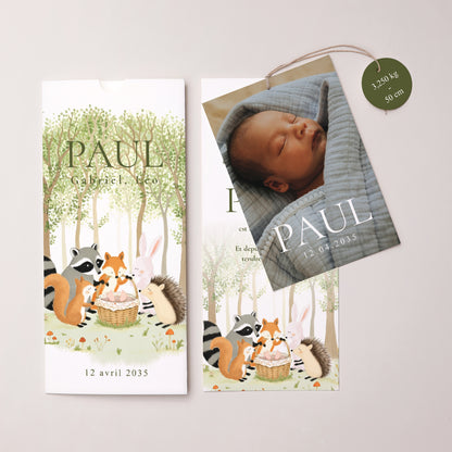 Faire-part Naissance Pochette portrait 2 cartes, étiquette Bienvenue dans la Clairière photo N° 3