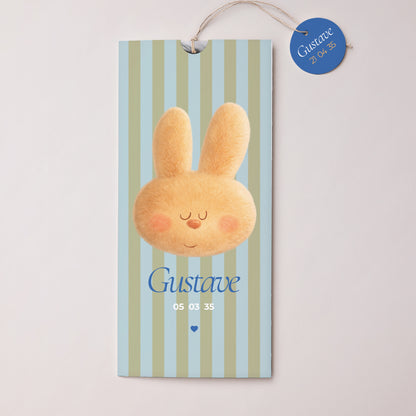 Faire-part Naissance Pochette portrait 2 cartes, étiquette Doudou lapin rêveur photo N° 1