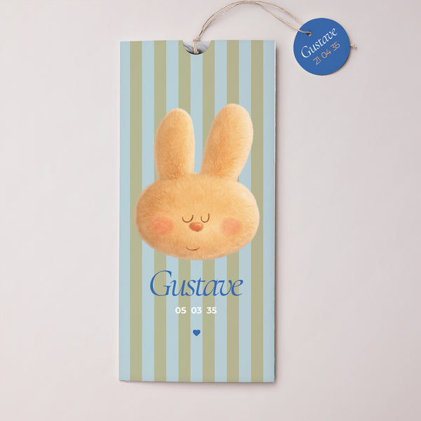 Faire-part Naissance Pochette portrait 2 cartes, étiquette Doudou lapin rêveur photo