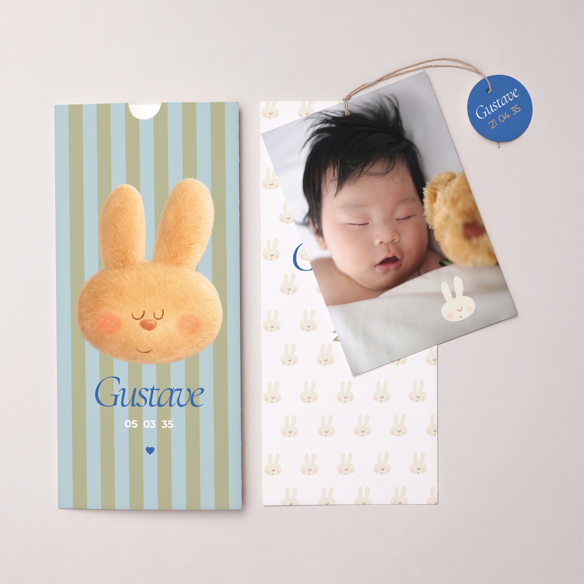 Faire-part Naissance Pochette portrait 2 cartes, étiquette Doudou lapin rêveur photo N° 3