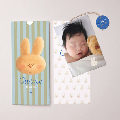 Faire-part Naissance Pochette portrait 2 cartes, étiquette Doudou lapin rêveur photo N° 3