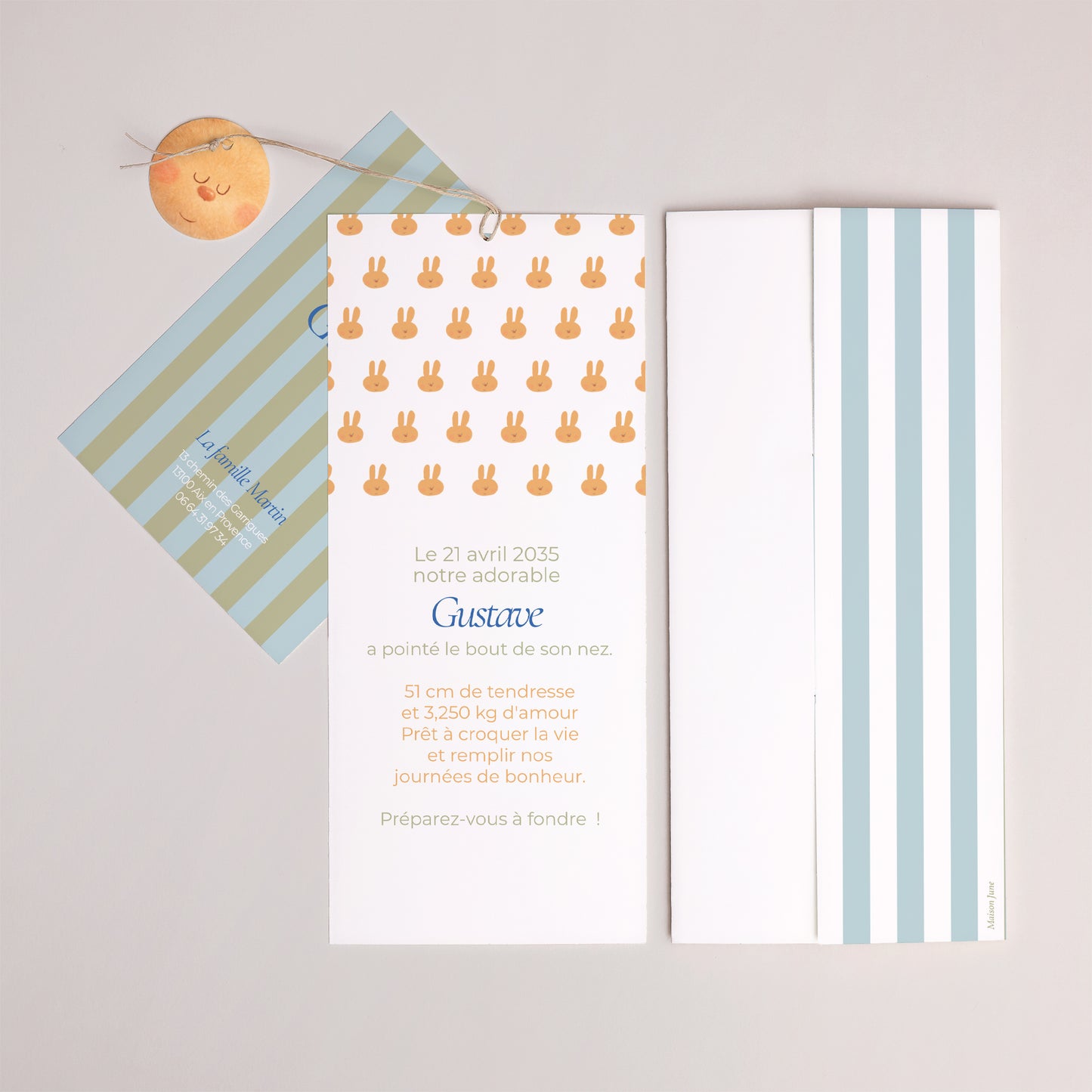 Faire-part Naissance Pochette portrait 2 cartes, étiquette Doudou lapin rêveur photo N° 4