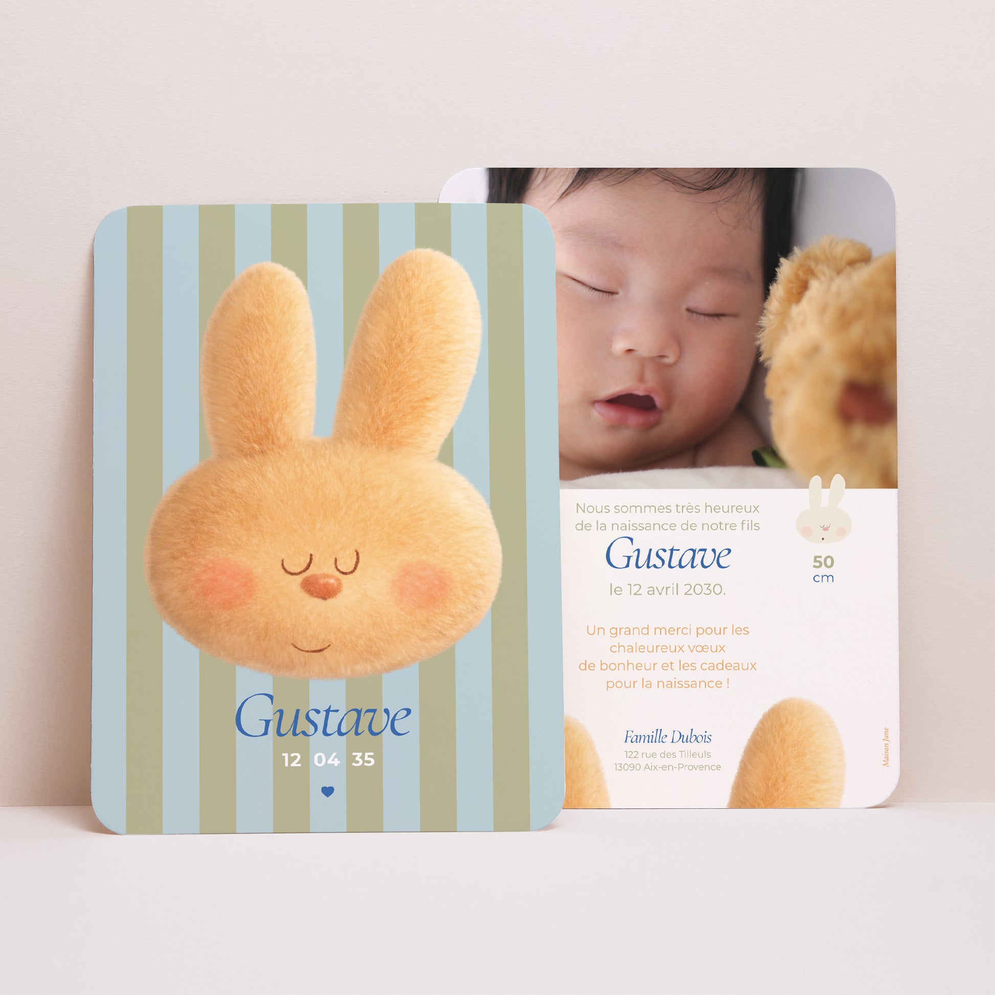 Faire-part Naissance Portrait, bords arrondis Doudou lapin rêveur photo N° 1