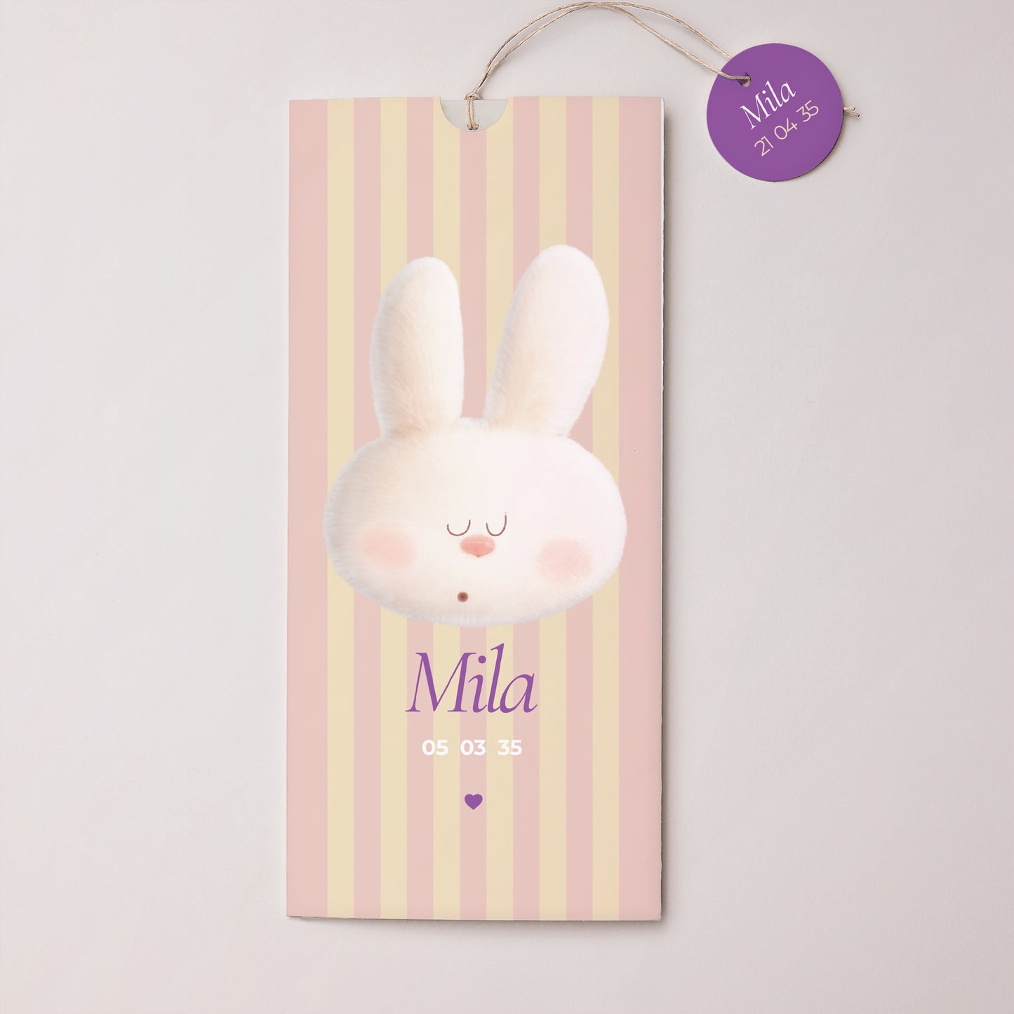 Faire-part Naissance Pochette portrait 2 cartes, étiquette Doudou lapin rayures photo N° 1