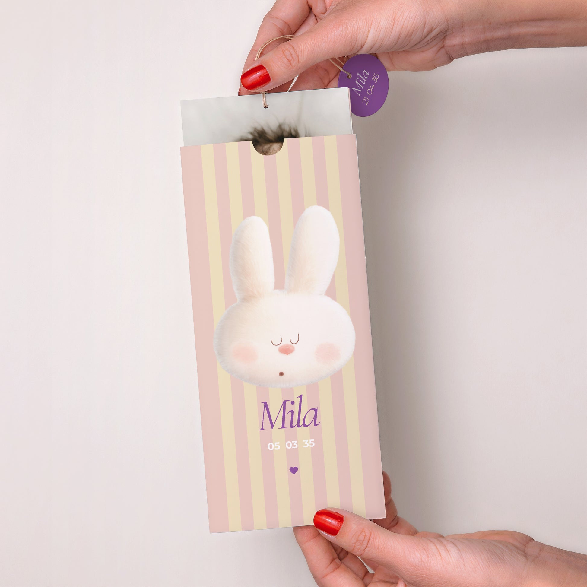 Faire-part Naissance Pochette portrait 2 cartes, étiquette Doudou lapin rayures photo N° 2