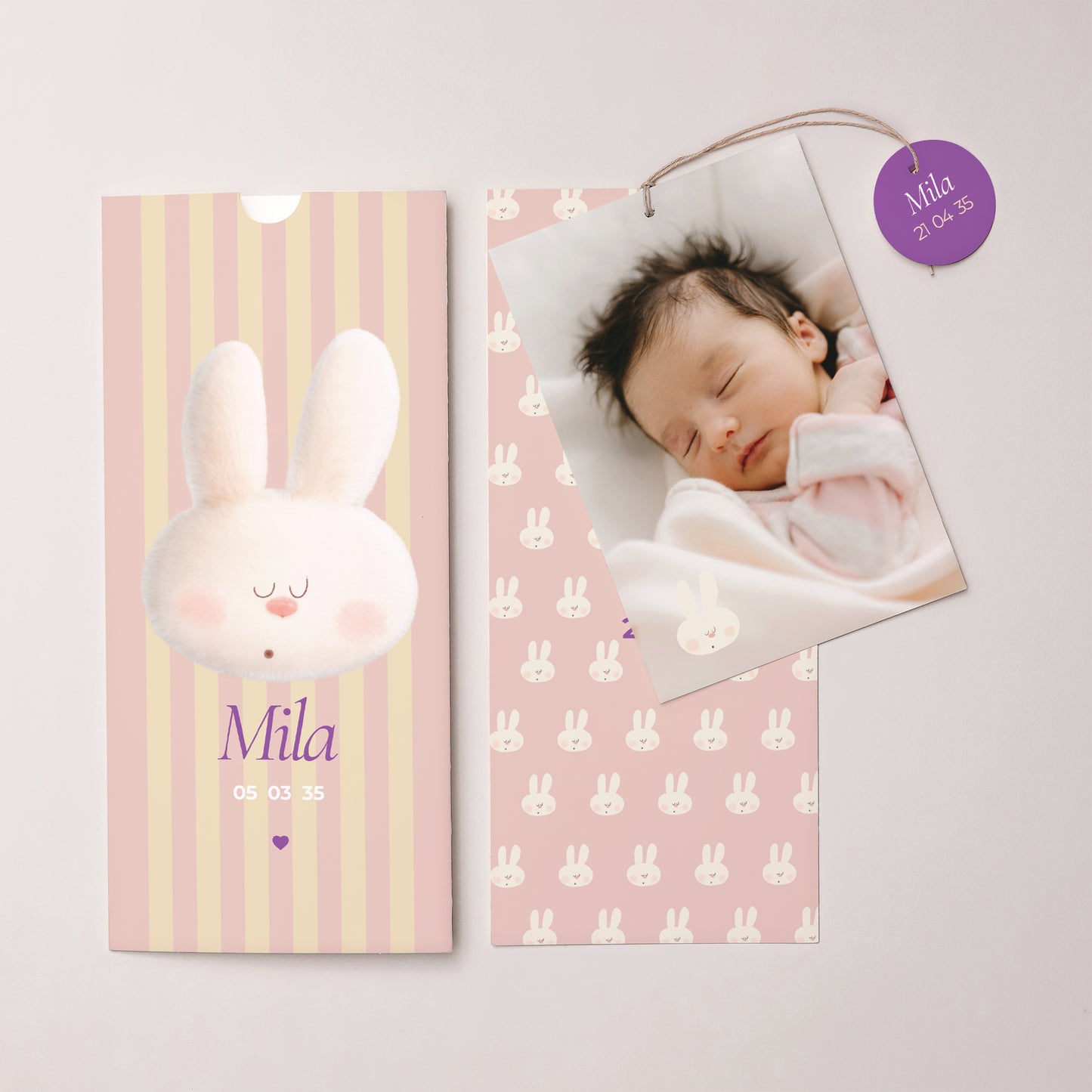 Faire-part Naissance Pochette portrait 2 cartes, étiquette Doudou lapin rayures photo N° 3