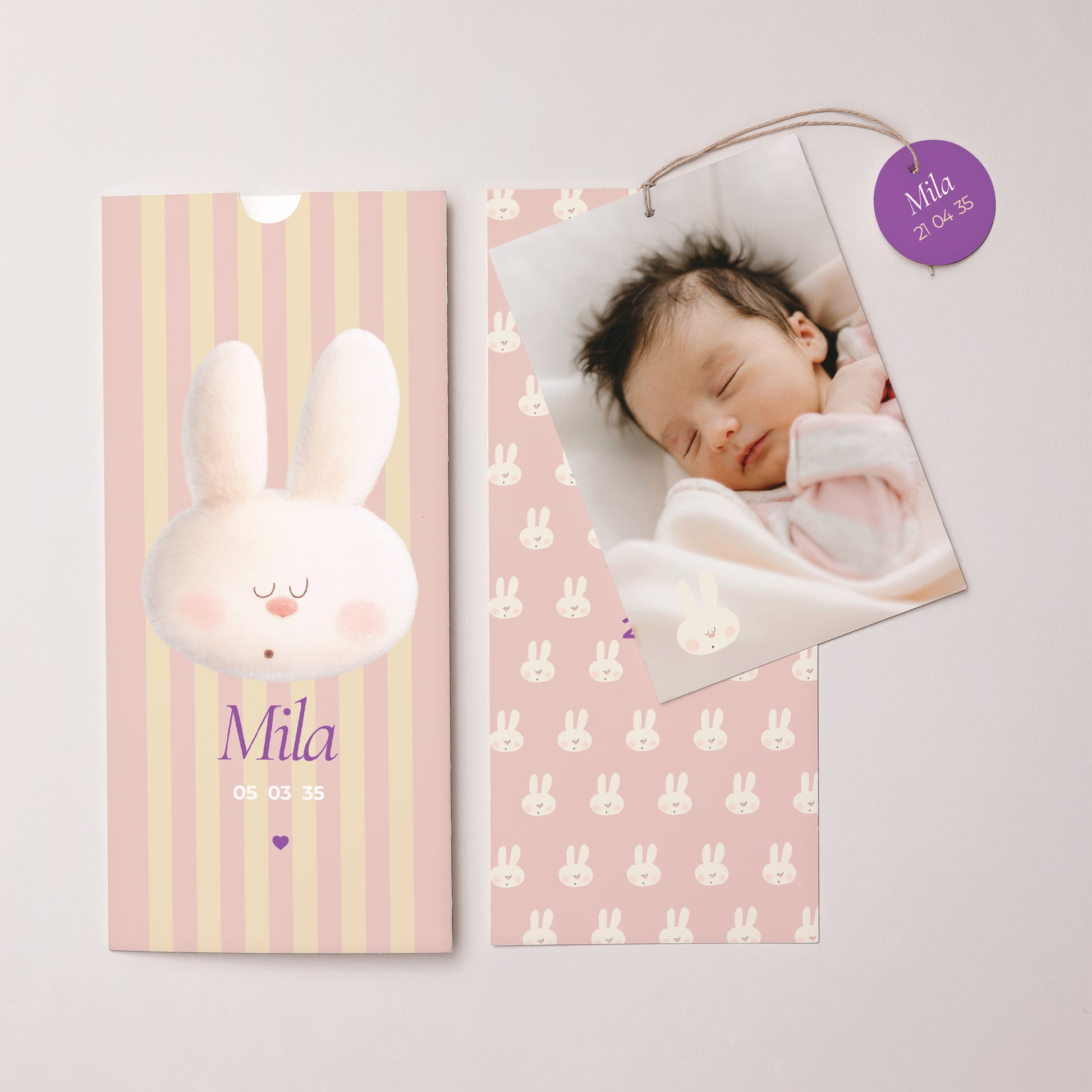 Faire-part Naissance Pochette portrait 2 cartes, étiquette Doudou lapin rayures photo N° 3