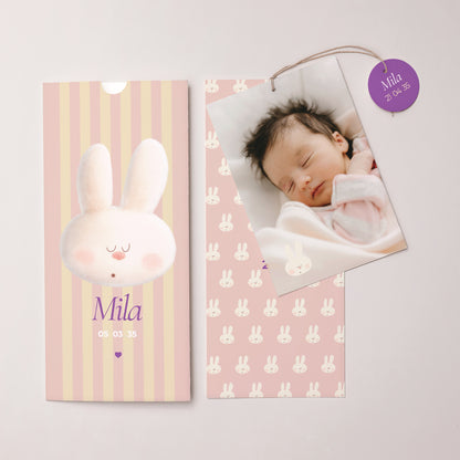 Faire-part Naissance Pochette portrait 2 cartes, étiquette Doudou lapin rayures photo N° 3
