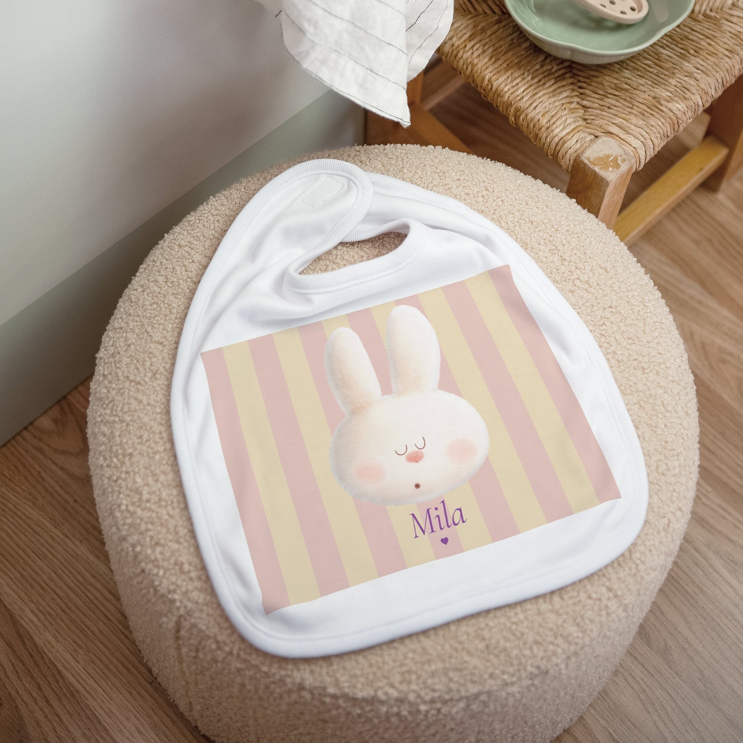Bavoir Naissance Tissu Doudou lapin rayures photo N° 1
