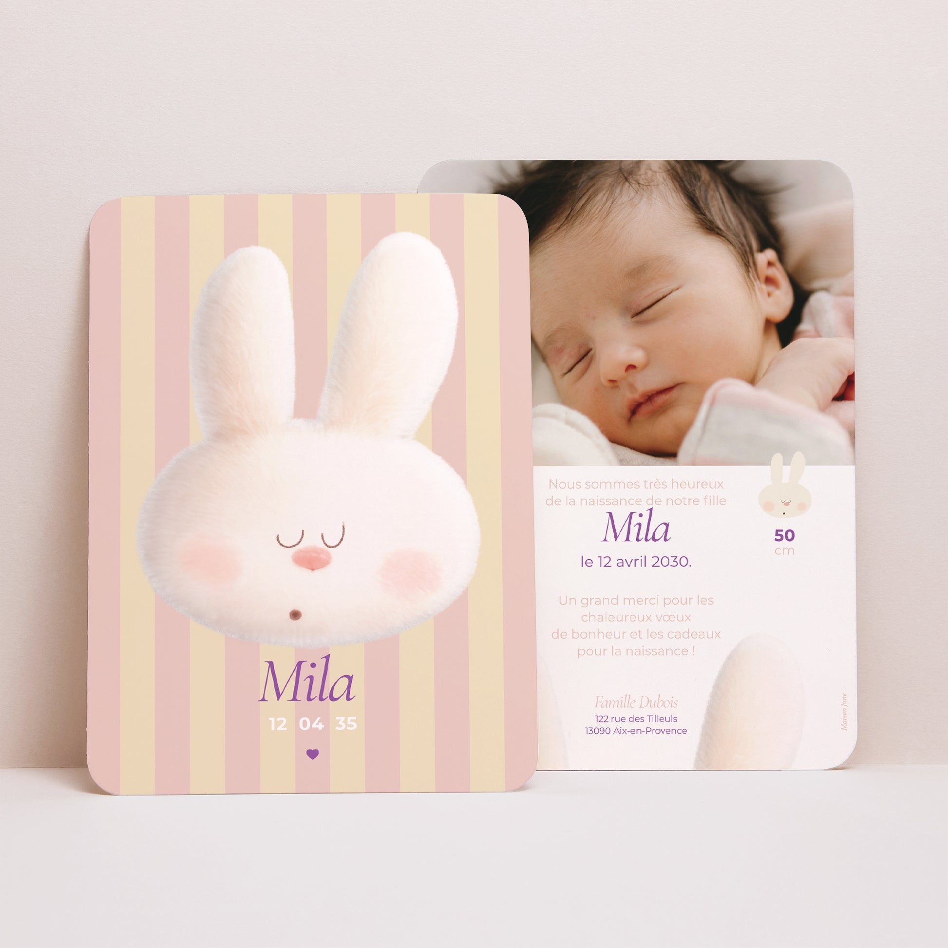 Faire-part Naissance Portrait, bords arrondis Doudou lapin rayures photo N° 1