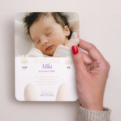 Faire-part Naissance Portrait, bords arrondis Doudou lapin rayures photo N° 3