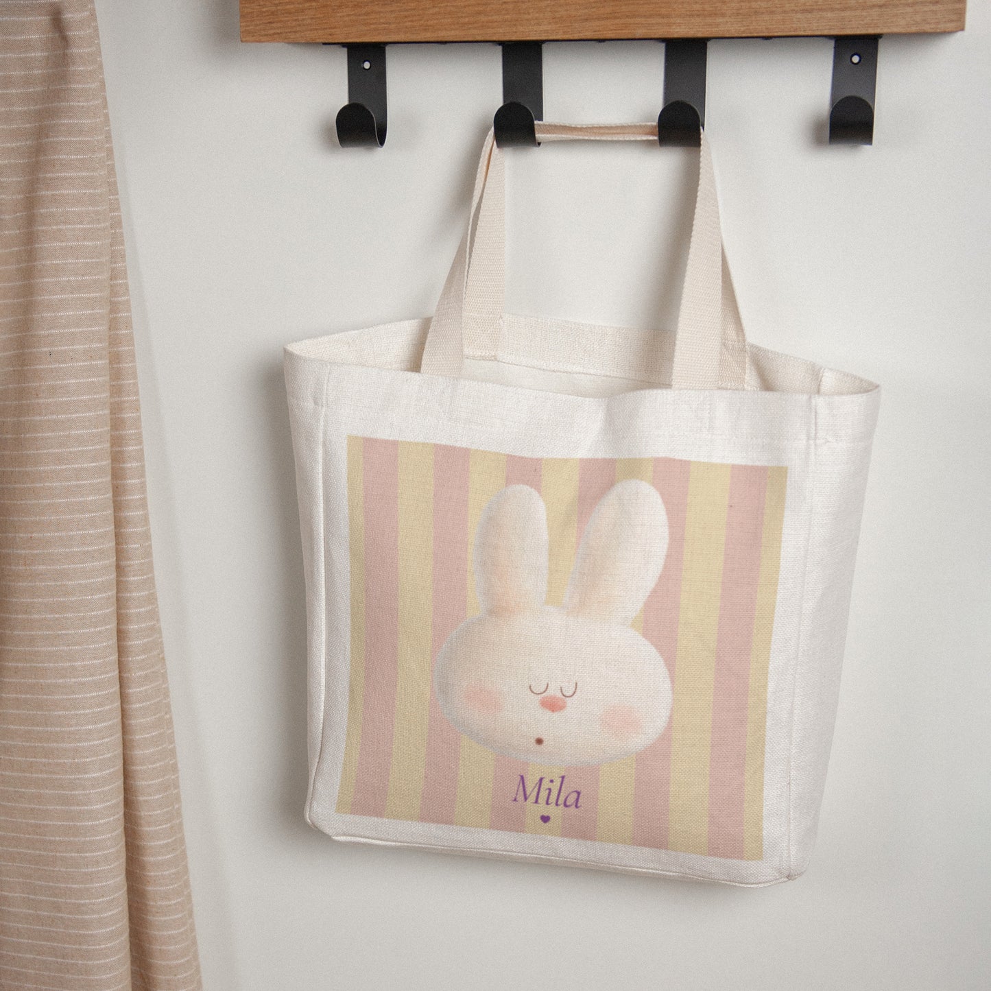 Tote bag Naissance Anse en toile Doudou lapin rayures photo N° 1