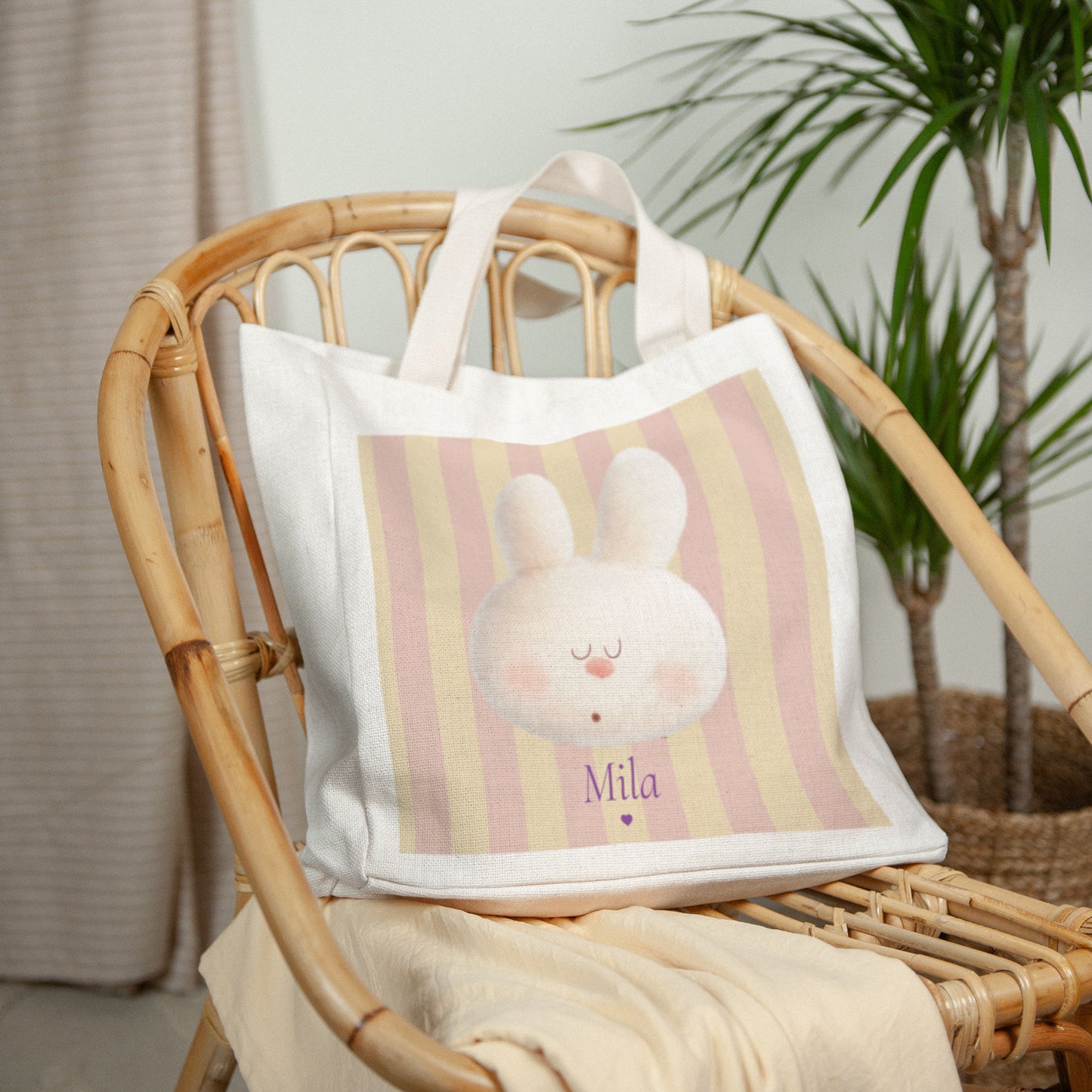 Tote bag Naissance Anse en toile Doudou lapin rayures photo N° 2