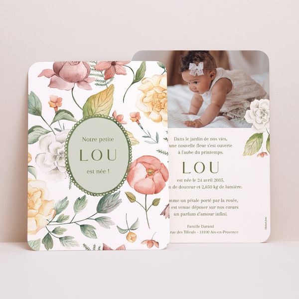 Faire-part Naissance Portrait, bords arrondis Nid Fleuri photo