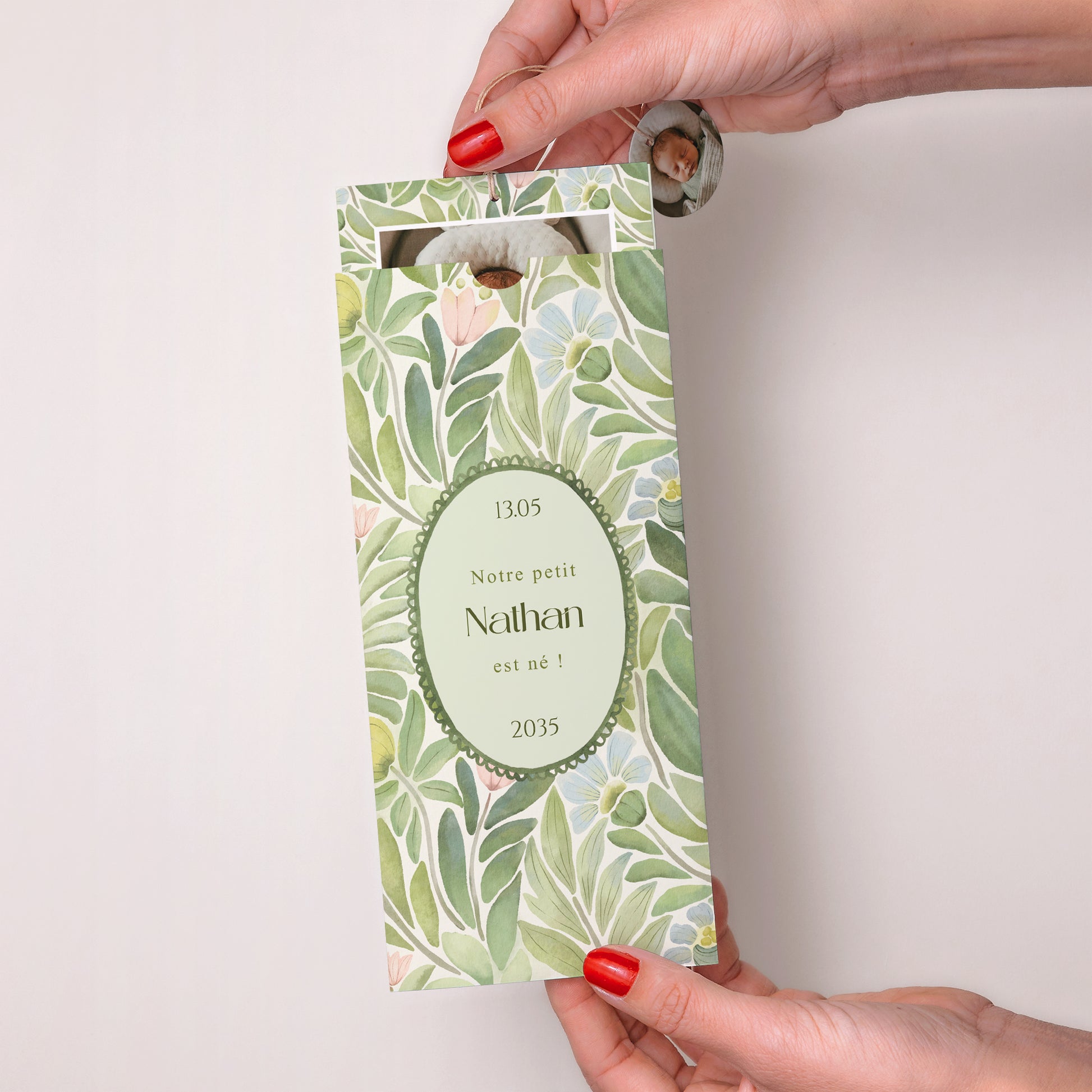 Faire-part Naissance Pochette portrait 2 cartes, étiquette Au Jardin des Rêves photo N° 2
