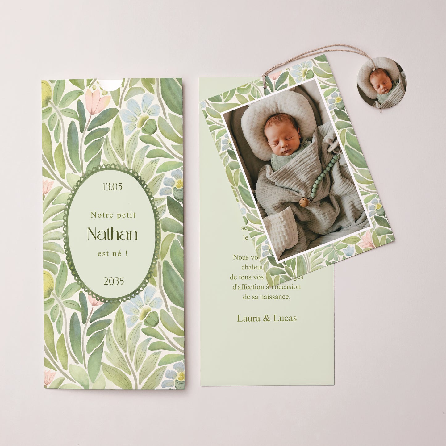 Faire-part Naissance Pochette portrait 2 cartes, étiquette Au Jardin des Rêves photo N° 3