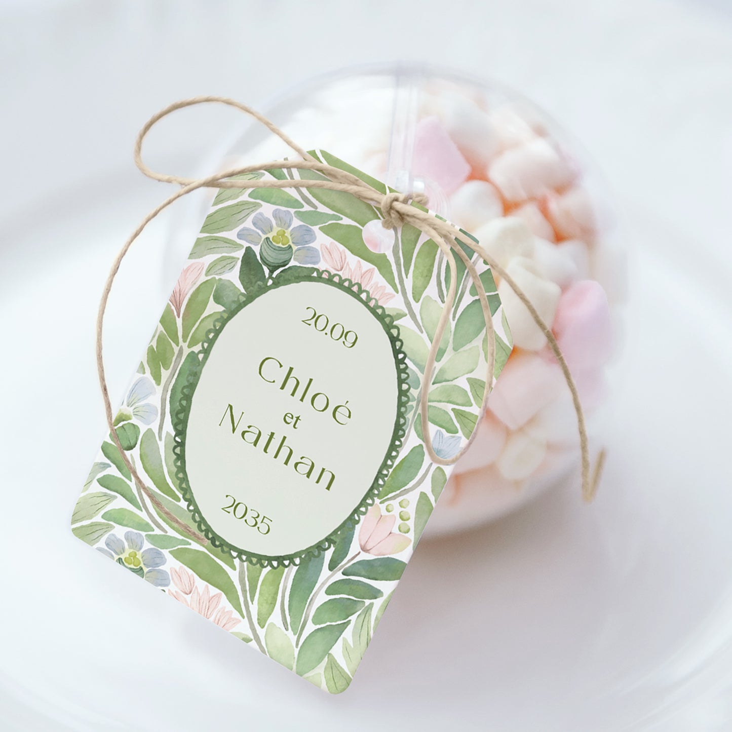 Boîte à dragées Mariage boule avec étiquette fanion Le Jardin des Promesses photo N° 1