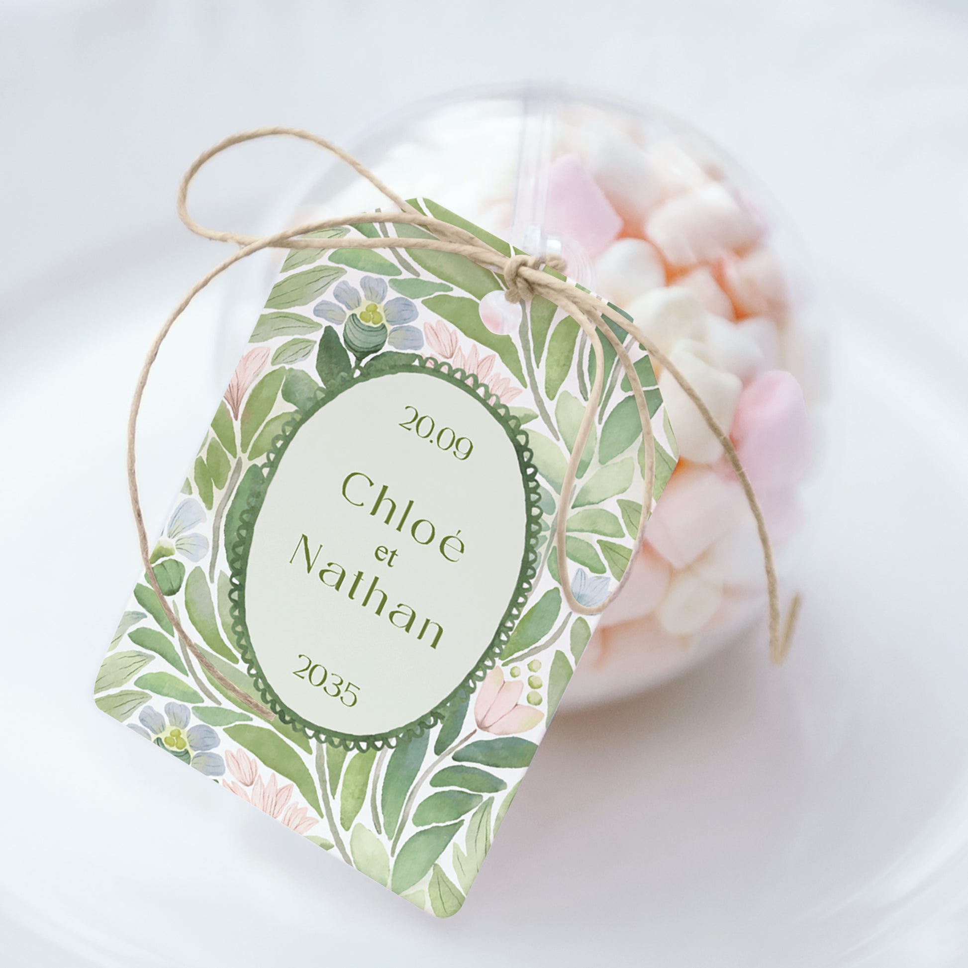 Boîte à dragées Mariage boule avec étiquette fanion Le Jardin des Promesses photo N° 1