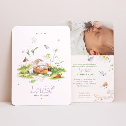 Faire-part Naissance Portrait, bords arrondis La merveille du sous-bois photo N° 1