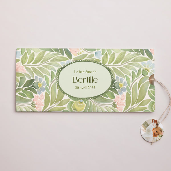 Faire-part Baptême Pochette 2 cartes, étiquette Sous les Feuillages Bénis photo