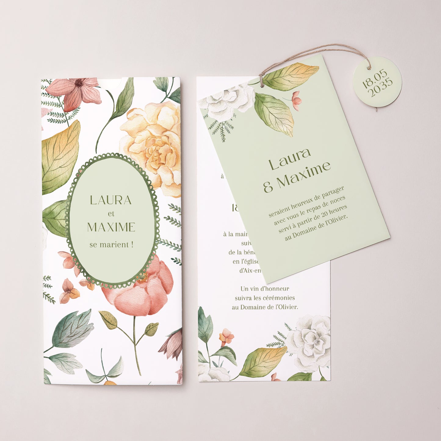 Faire-part Mariage Pochette portrait 2 cartes, étiquette Jardin d'amour photo N° 3