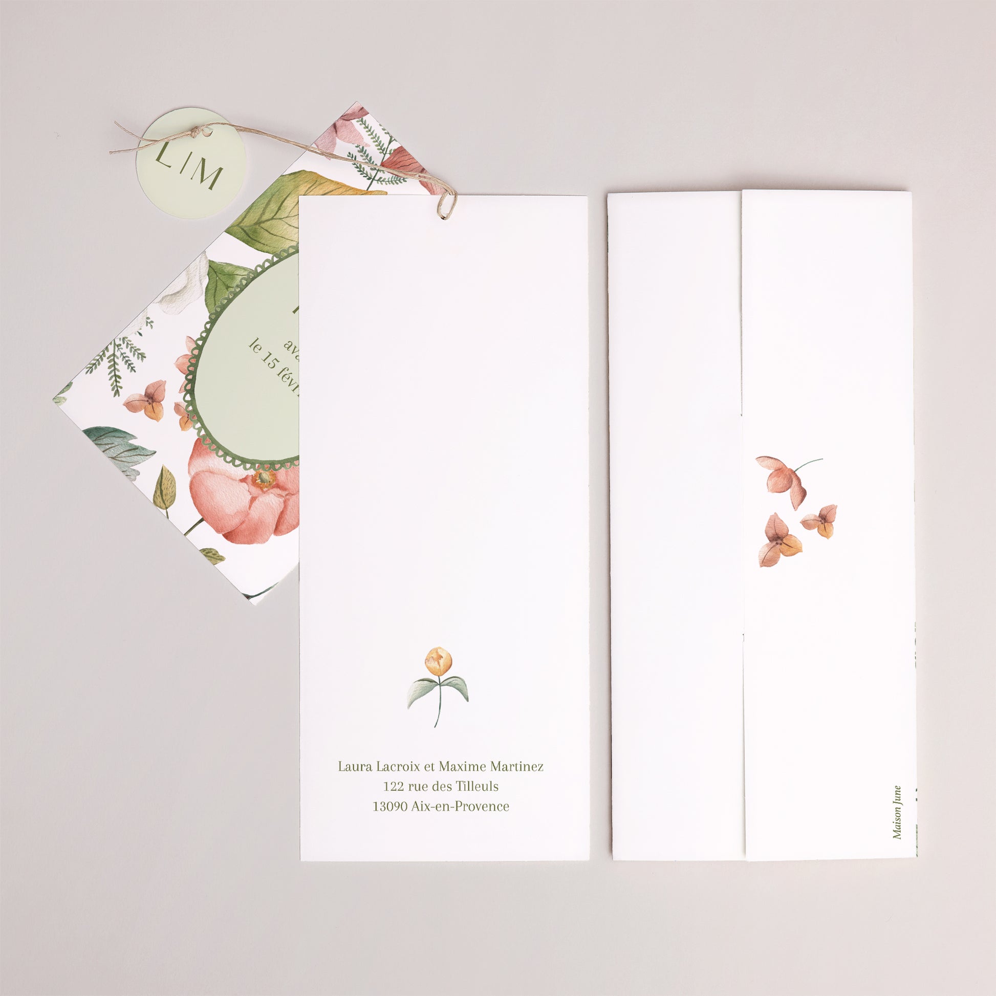 Faire-part Mariage Pochette portrait 2 cartes, étiquette Jardin d'amour photo N° 4