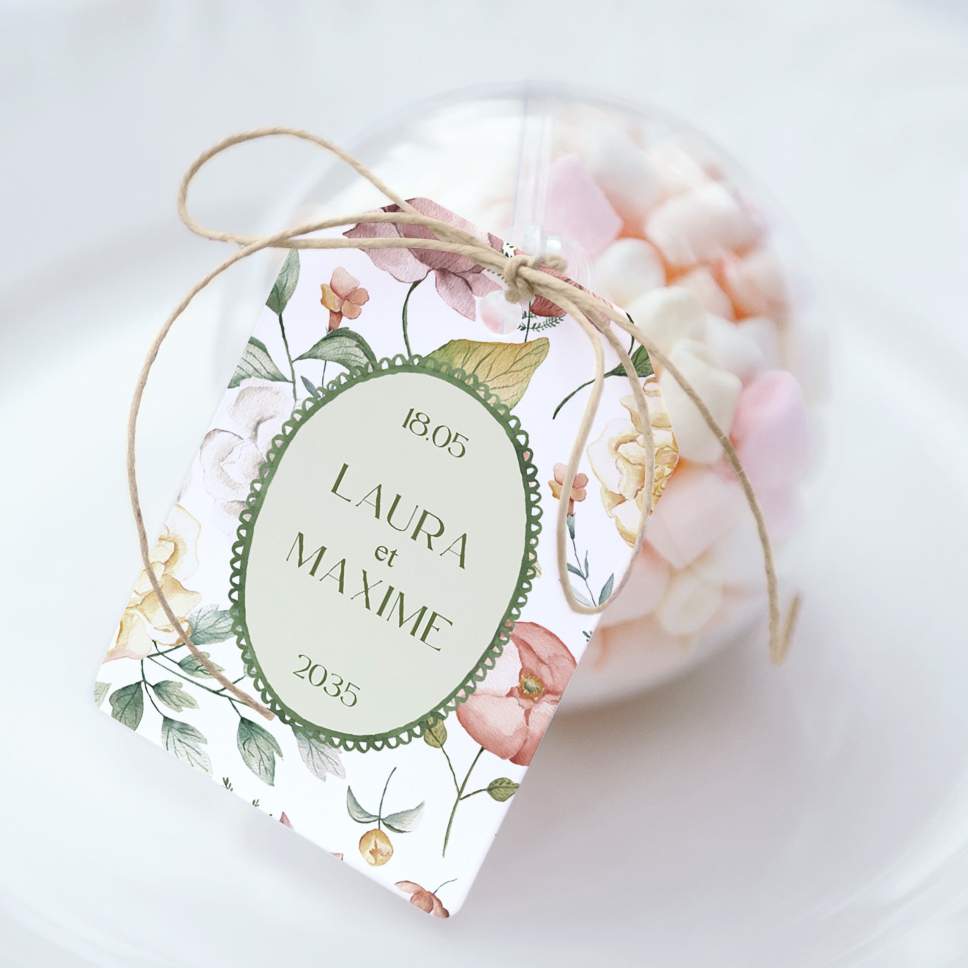 Boîte à dragées Mariage boule avec étiquette fanion Jardin d'amour photo N° 1