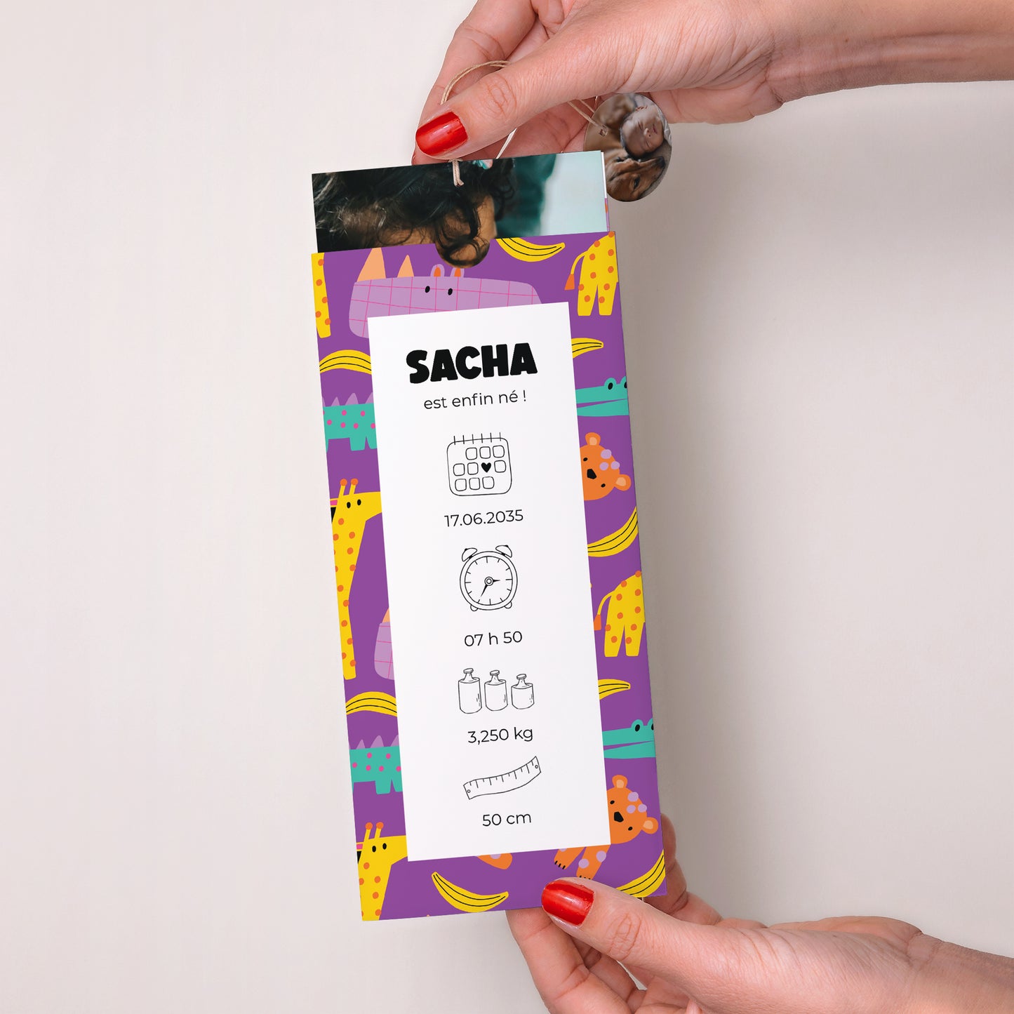 Faire-part Naissance Pochette portrait 2 cartes, étiquette Safari Pop photo N° 2