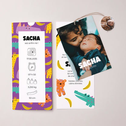 Faire-part Naissance Pochette portrait 2 cartes, étiquette Safari Pop photo N° 3