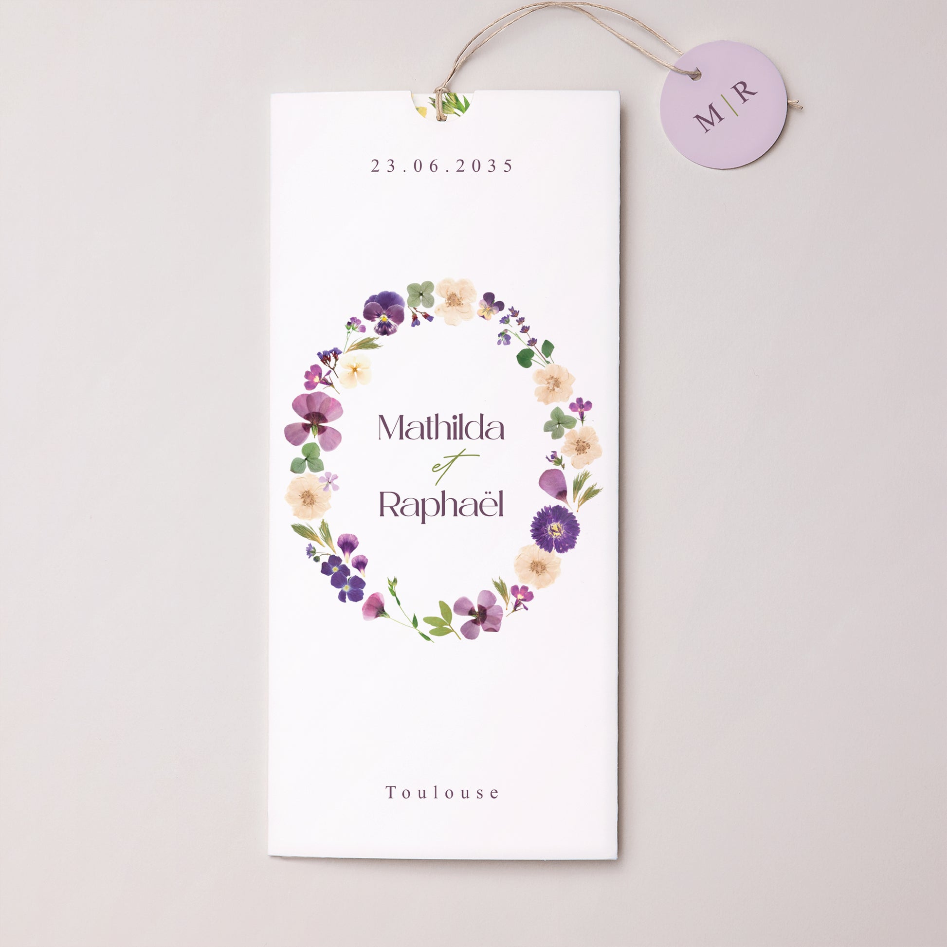 Faire-part Mariage Pochette portrait 2 cartes, étiquette Ronde Florale photo N° 1