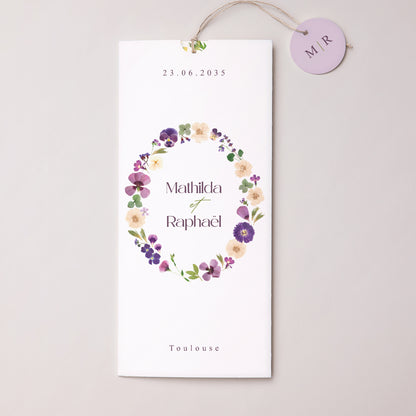 Faire-part Mariage Pochette portrait 2 cartes, étiquette Ronde Florale photo N° 1