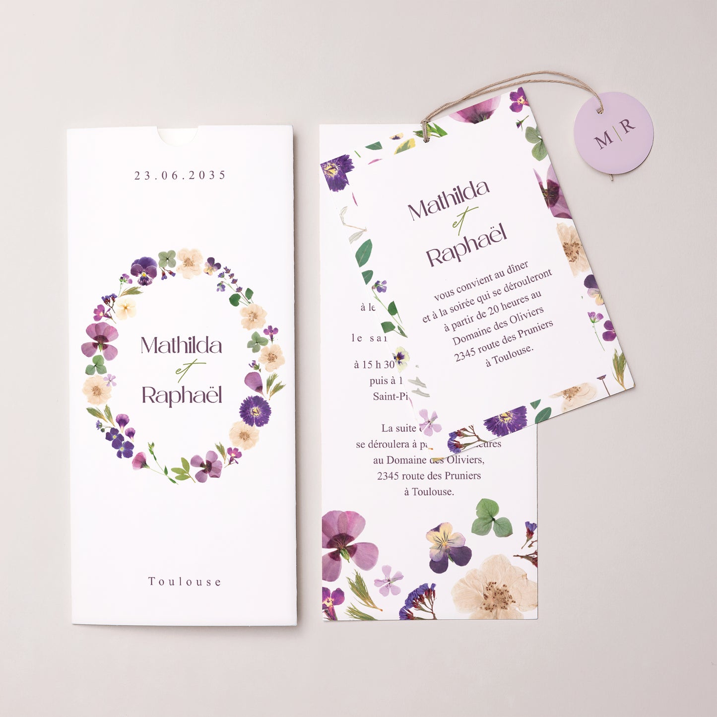 Faire-part Mariage Pochette portrait 2 cartes, étiquette Ronde Florale photo N° 3