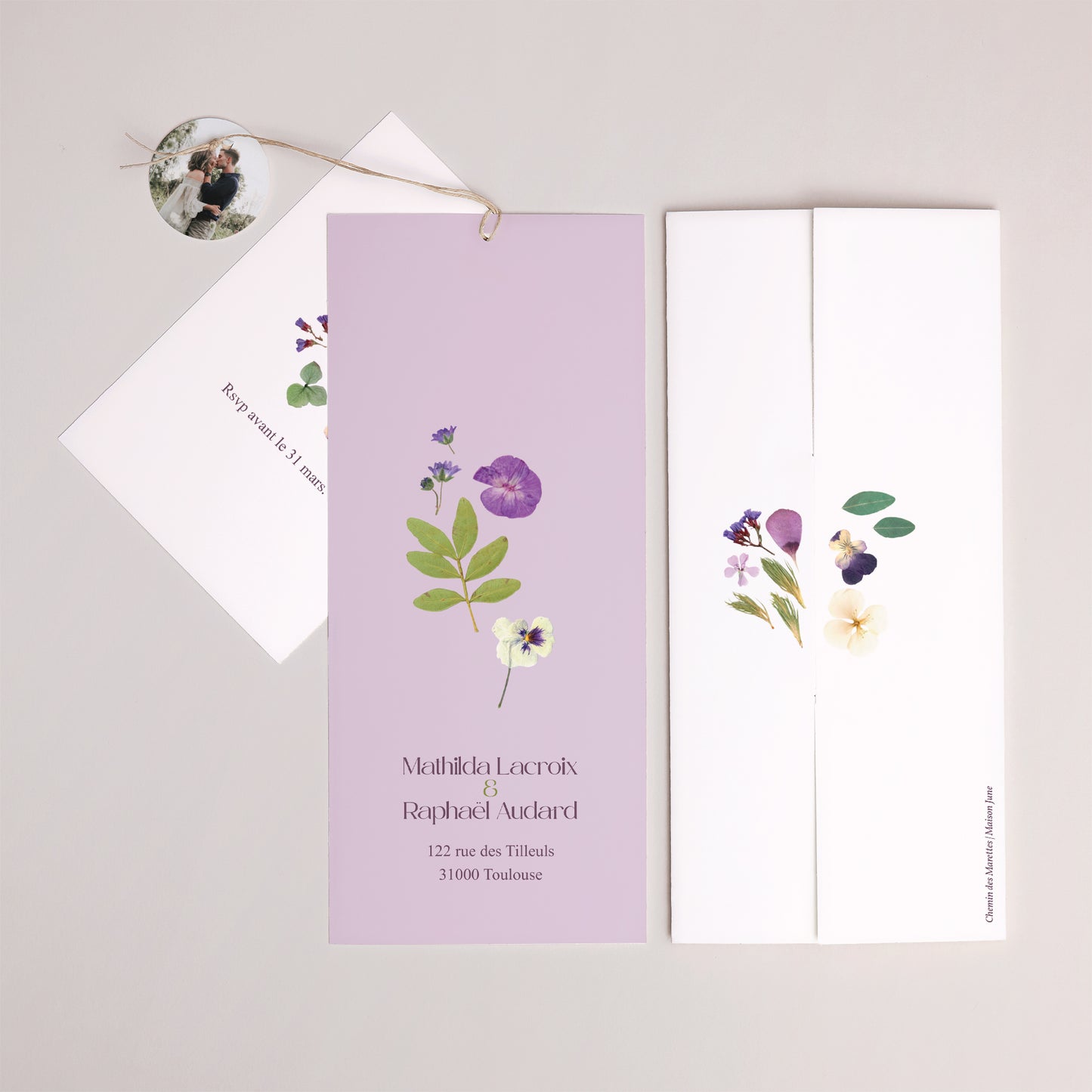 Faire-part Mariage Pochette portrait 2 cartes, étiquette Ronde Florale photo N° 4